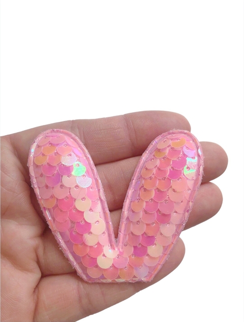 Aplique orelha de coelho paetê rosa - 1 unidade