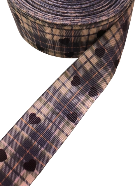 Fita gorgurão estampada xadrez com coração 38mm - 2 metros