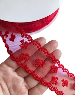 Fita tule e renda lacinho vermelha 38mm - 2 metros