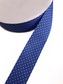 Fita gorgurão estampada azul jeans com poá branco 38mm - 2 metros