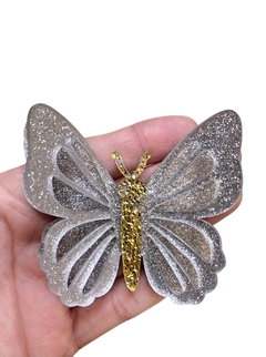 Aplique borboleta grande 3D prata glitter acrílico - 1 unidade