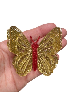Aplique borboleta grande 3D dourada flocada acrílico - 1 unidade