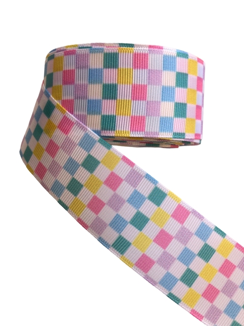 Fita gorgurão estampada quadriculada colorida candy 38mm - 2 metros