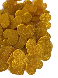 Aplique coração dourado glitter em acrílico - 1 unidade