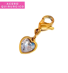 MINI DIJE CON MOSQUETON ZIRCON CORAZON 8*8 MM ACERO DORADO - comprar online