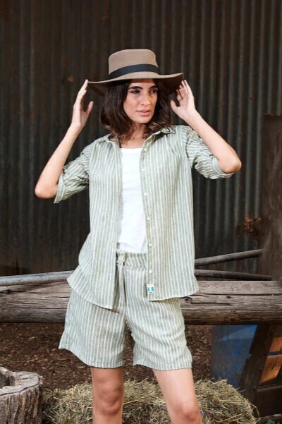 CONJUNTO Camisa 3/4 c/charreteras + Bermuda pinzada lino rayado - comprar online