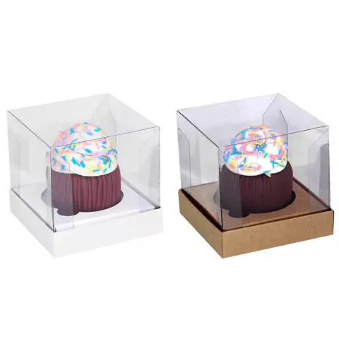 CAIXA PARA 1 CUPCAKE TAMPA TRANSPARENTE OFF WHITE / KRAFT COM 1 UNIDADE