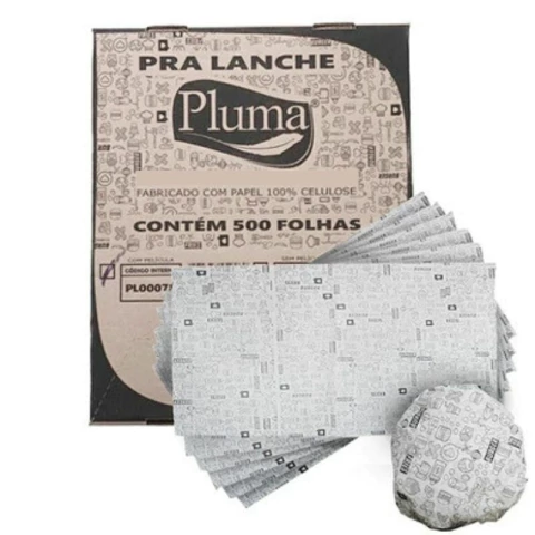 FOLHA PARA LANCHE COM PELICULA PLUMA 30X38 COM 500 UNIDADES