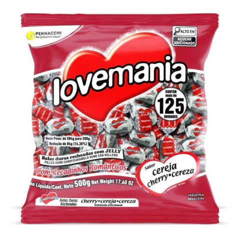 BALA LOVEMANIA CEREJA RECHEADA COM JELLY 500GR