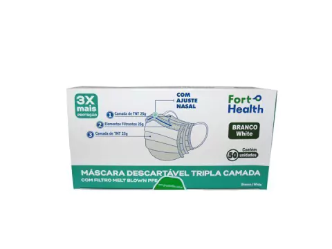 MÁSCARA FORT HEALTH TRIPLA DESCARTÁVEL BRANCA COM 50 UNIDADES