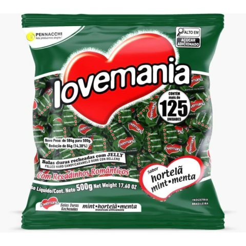 BALA LOVEMANIA HORTELÃ RECHEADA COM JELLY 500GR