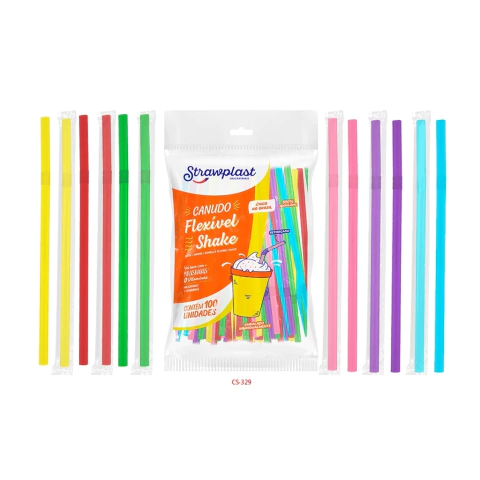 CANUDO STRAWPLAST DOBRÁVEL MILK SHAKE COLORIDO NEON SACHE 8MM 23CM COM 100 UNIDADES