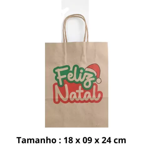 SACOLA PAPEL KRAFT FELIZ NATAL 18 X 09 X 24 CM COM 01 UNIDADE
