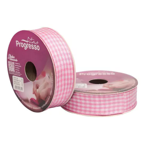 FITA DE TECIDO PROGRESSO XADREZ ROSA ESCURO 22MM X 10 METROS