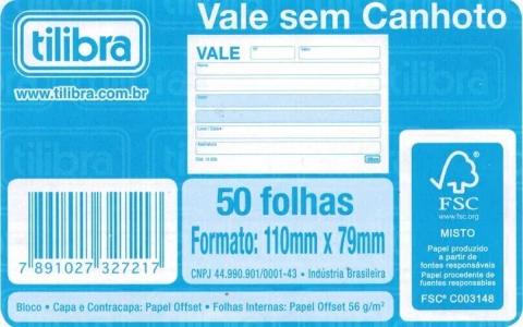VALE SEM CANHOTO TILIBRA COM 50 FOLHAS