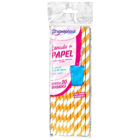 CANUDO STRAWPLAST PAPEL COM LISTRA AMARELA 6MM 19,5CM COM 100 UNIDADES