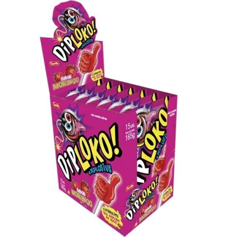 PIRULITO DIP LOKO BOOOM MORANGO 01 CAIXA COM 15 UNIDADES DE 11GR