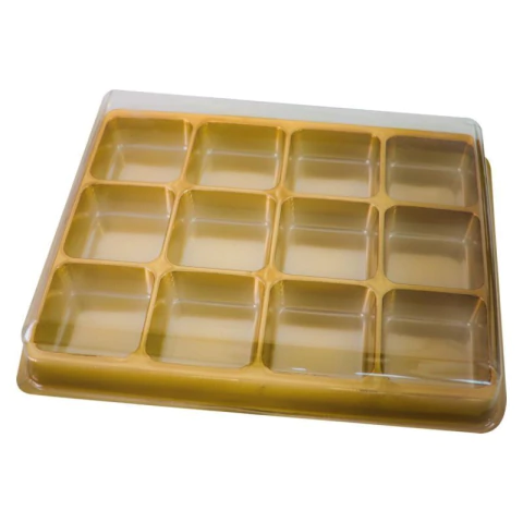 CAIXA BWB PARA BOMBONS QUADRADOS DOURADO COM 12 CAVIDADES