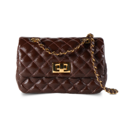 BOLSA COURO LEGÍTIMO MINI QUILTED MATELASSÊ VERNIZ MARROM