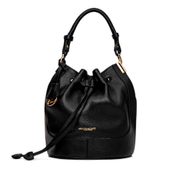 BOLSA EM COURO LEGÍTIMO BUCKET MÉDIA PRETA LISA