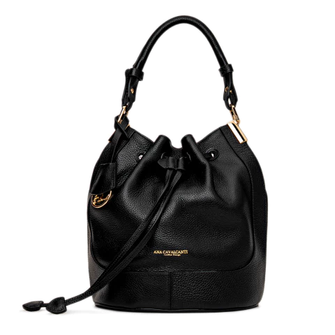 BOLSA EM COURO LEGÍTIMO BUCKET MÉDIA PRETA LISA