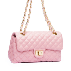 BOLSA COURO LEGÍTIMO QUILTED MÉDIA EM MATELASSÊ ROSA