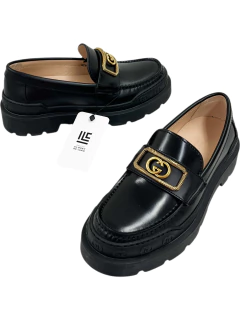 Mocassim Gucci Interlocking G Plaqué Brushed Leather Preto 3435BR