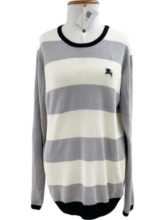 Blusa Burberry Black Label Cotton Stripes Logo Cinza e Off White Tam.P