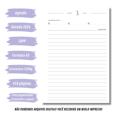 (Lilás - Harmonia 2026 s/obs s/horas) Miolo de Agenda Datada 2026 1DPP A5 418 páginas - comprar online