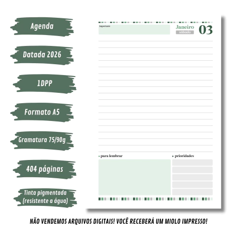 (Letterinha Verde) Miolo de Agenda Datada 2026 1DPP A5 404 páginas - comprar online