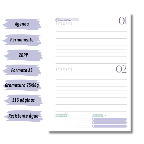 (Lavanda s/ horas - Vagalume Perm. - 2025 e 2026) Miolo de Agenda A5 Permanente 2dpp 216 páginas - comprar online