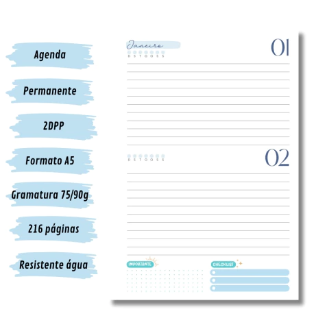 (Azul s/ horas - Vagalume Perm. - 2025 e 2026) Miolo de Agenda A5 Permanente 2dpp 216 páginas - comprar online