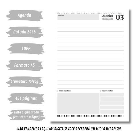 (Letterinha Cinza) Miolo de Agenda Datada 2026 1DPP A5 404 páginas - comprar online