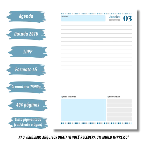 (Letterinha Azul) Miolo de Agenda Datada 2026 1DPP A5 404 páginas - comprar online