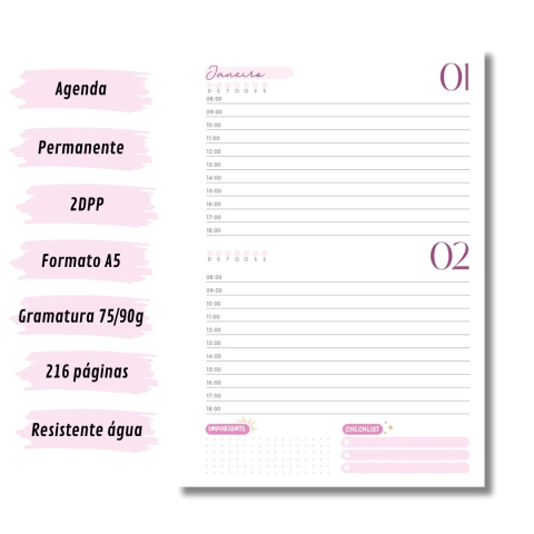 (Pink c/ horas - Vagalume Perm. - 2025 e 2026) Miolo de Agenda A5 Permanente 2dpp 216 páginas - comprar online