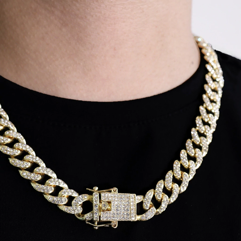 Corrente Cuban 15mm (50cm) Cravejada banhada Ouro 18k