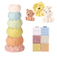 Set 15 Piezas Blandas - Torre Apilable + Animalitos + Cubos Encastrables