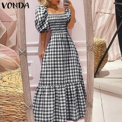 Vestido longo xadrez manga bufante Cod 8007