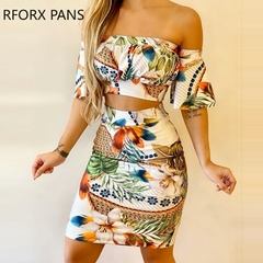 Conjunto Top Cropped e Saia Estampado cod 1248