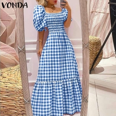 Vestido longo xadrez manga bufante Cod 8007 - Dally Modas