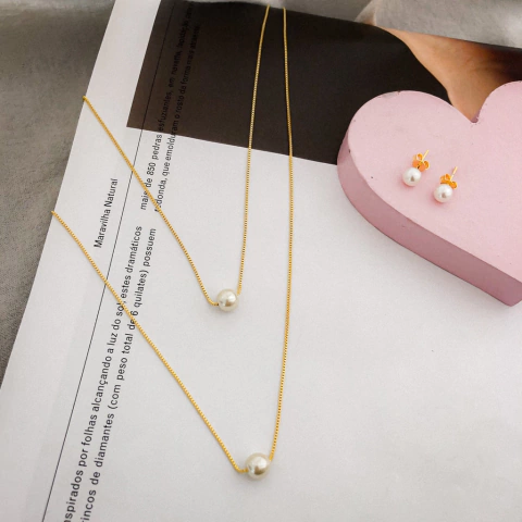 Colar + brinco duplo pérola Banho Ouro 18K