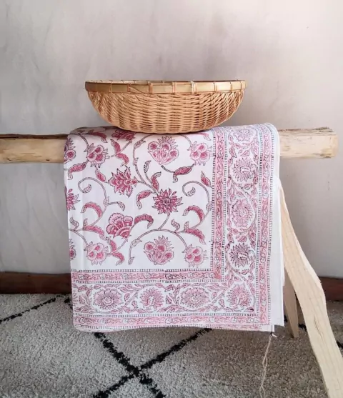 Mantel Block Print - Flores rosa