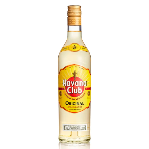 Garrafa de rum Havana Club Añejo 3 anos com rótulo amarelo e vermelho