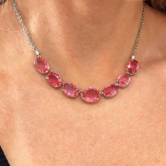 Colar Realeza no Banho de Ródio Branco com Cristal Pink