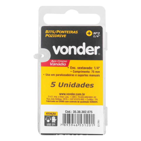 BITS POZIDRIVE ENCAIXE 1/4 N2 75MM - CAIXA C/ 5PC - VONDER