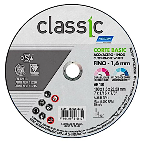 DISCO CORTE 7" INOX CLASSIC 180x1.6x22.23mm - AR101 - NORTON