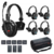 Conjunto de fones de ouvido Synco X-Talk X5 Max, incluindo um fone principal com microfone e três fones adicionais, além de baterias e estojo de transporte.