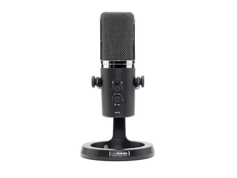 Microfone PODMIC-GO Prostream preto com base redonda e botões de controle frontal