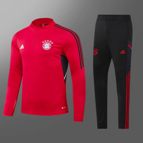 CONJUNTO AGASALHO DO BAYERN DE MUNIQUE - MEIO ZÍPER - VERMELHO/PRETO 22/23