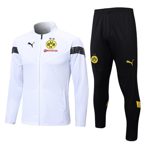 CONJUNTO AGASALHO DO BORÚSSIA DORTMUND - ZÍPER COMPLETO - BRANCO/PRETO 22/23